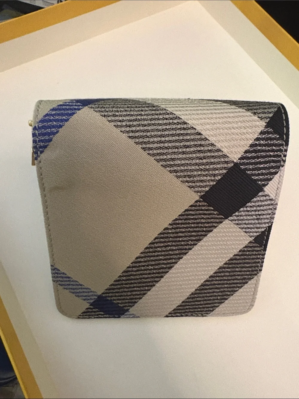 Burberry Canvas Plaid Zip Wallet - Beige and Navy